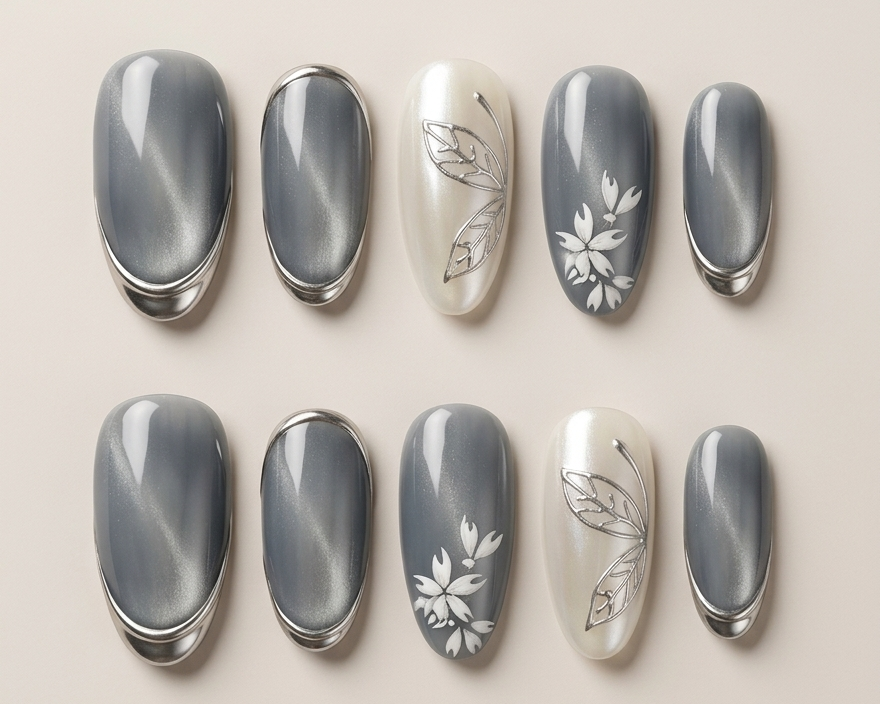 Set of nail designs with floral patterns on a neutral background