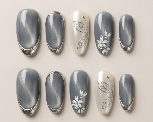 Set of nail designs with floral patterns on a neutral background