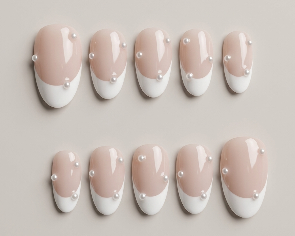 Set of nails with a gradient design featuring pink and white colors, decorated with small pearls on a neutral background.